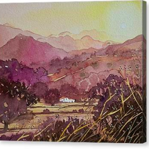 Painting of fields with trees (foreground) and mountains (background)